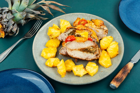 Appetizing meat roasted with fresh pineapple, colorful food.の写真素材