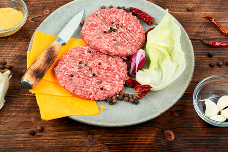 Raw uncooked burger cutlets, mince beef and ingredients on the tableの写真素材