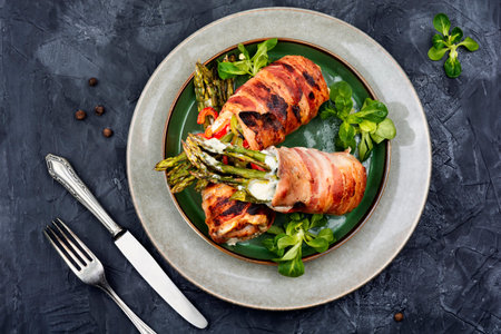 Meatloaf wrapped in bacon. Meat stuffed with asparagus and cream cheese. Top viewの写真素材