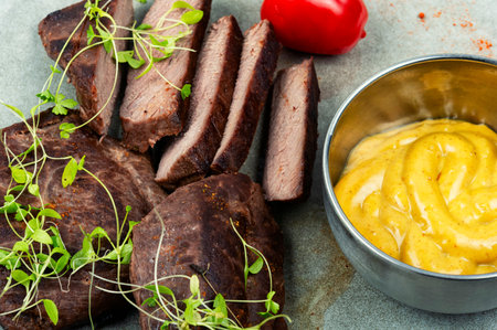 Delicious ostrich meat steaks. African cuisine. Close upの写真素材