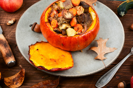 Autumn roasted pumpkin stuffed with beef meat, mushrooms, apple and vegetables. American food.の写真素材