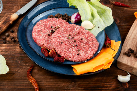 Fresh uncooked with homemade minced beef steak burgers. Cooking burger. Wooden background.の写真素材