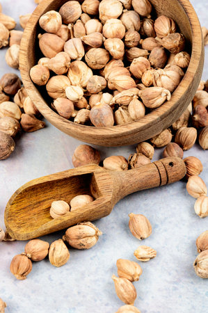 White cardamom, spice, cardamon in a wooden shovel.の写真素材