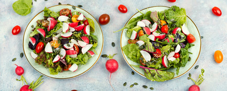 Dietary salad with radishes, greens, tomato and sesame. Food for vegetarians.の写真素材