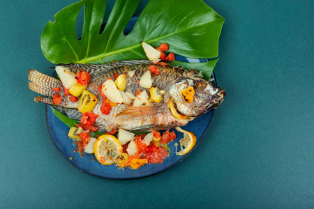 Fried tilapia fish with fruit on leaf background. Healthy food concept.の写真素材