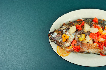 Delicious fried tilapia fish with fruit sauce in white plate. Flat lay with copy space.の写真素材