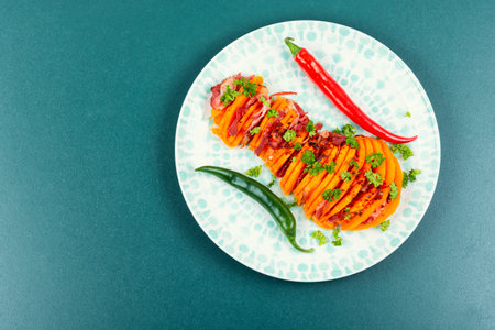 Plate with roasted pumpkin with bacon. Baked butternut squash with bacon. Copy space.の写真素材