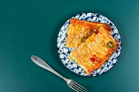 Autumn galette with pear. French biscuit with pear, autumn pie. Copy space.