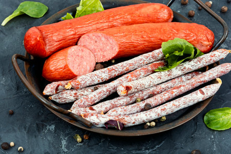 Dry smoked kabanos, cabanossi. Traditional Polish meat sausages. Delicious polish snack.