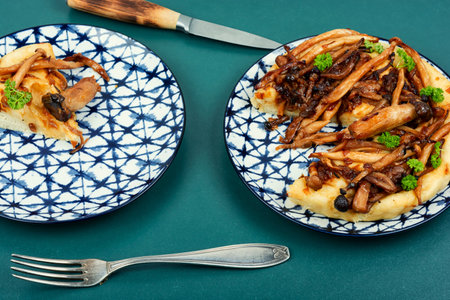 Appetizing open mushroom pie or mushroom galette. Traditional French food.の写真素材