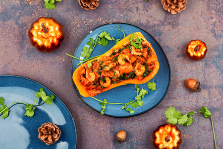 Roasted butternut squash stuffed with peppers, tomatoes and shrimp. Top view.の写真素材