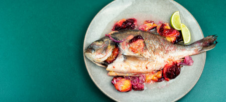 Dorado or sea bream fish baked with plums. Gilthead fishes