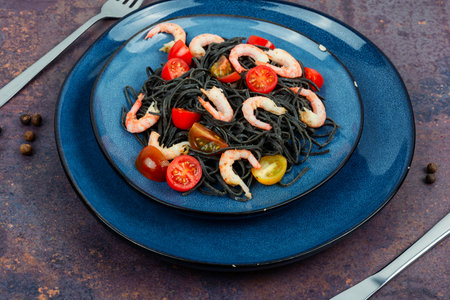Vegan black bean spaghetti with shrimp and tomatoes. Cooked black pasta spaghetti.の写真素材