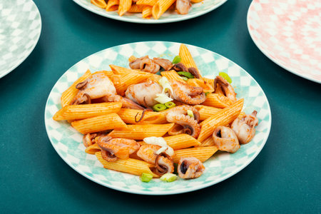 Delicious macaroni or pasta with octopus. Macaroni with seafood. American appetizer.の写真素材