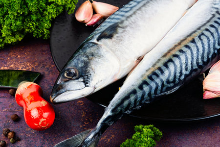 Two fresh mackerels or scomber and ingredients for cooking. Preparing mackerel fish to cook.の写真素材