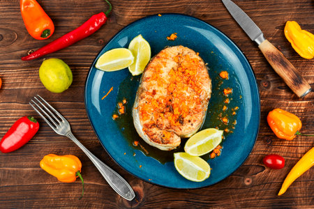 Roasted salmon or trout steak with orange and lime sauce on wooden table.の写真素材