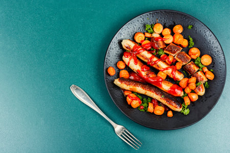 Grilled German turkey meat sausages in tomato sauce with roasted carrots on the plate. Space for text.の写真素材