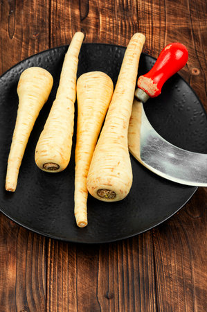 Raw parsnip roots on a vintage wooden background. Root vegetables.の写真素材