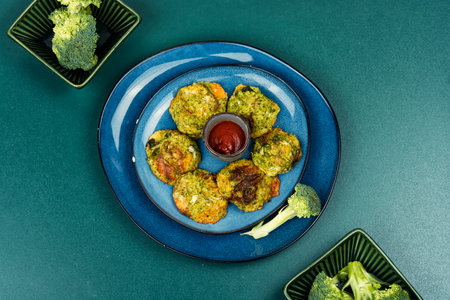 Vegan broccoli cutlets, vegetarian food. Cabbage cutlets. Flat lay.の写真素材