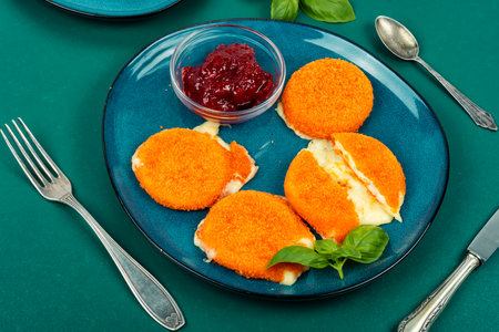 Fried camembert or brie cheese with berry jam and basil. Cheese baked in the oven.の写真素材