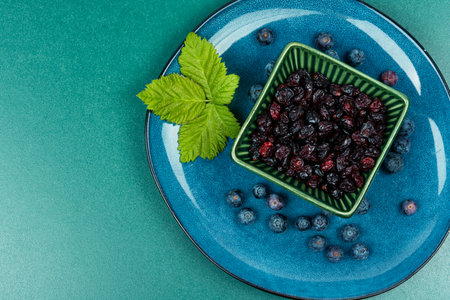A set of fresh blueberries and dried cranberries. Copy space.