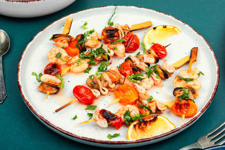 Delicious seafood kebabs, shrimp, mussels and grilled squid on skewersの写真素材