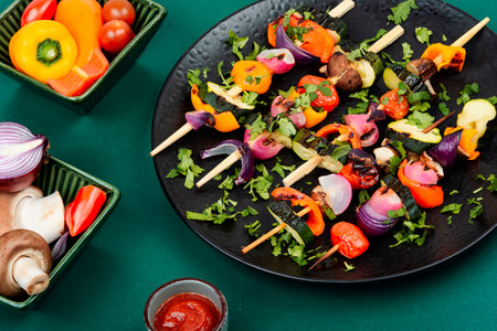 Vegetable skewers, grilled vegetables or barbecue vegetables on skewers. Barbecue.の写真素材