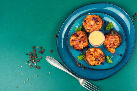 Baked stuffed mushrooms, champignon caps filled with vegetables and cheese. Copy space.の写真素材