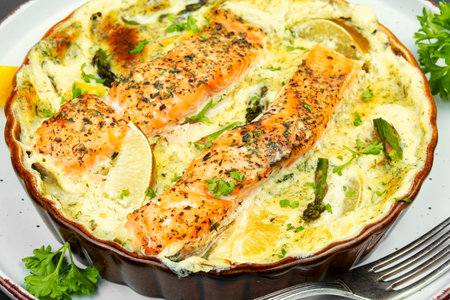 Appetizing dietary salmon gratin. Gratin or casserole from fish. Close up.の写真素材