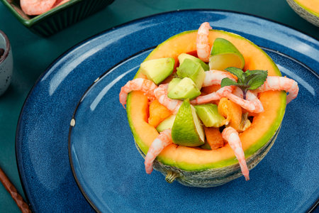 Salad, fruit salad of shrimps, melon and avocado in a half of melon.の写真素材