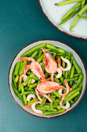 Homemade salad with shrimp and green beans or haricots. Top view.の写真素材