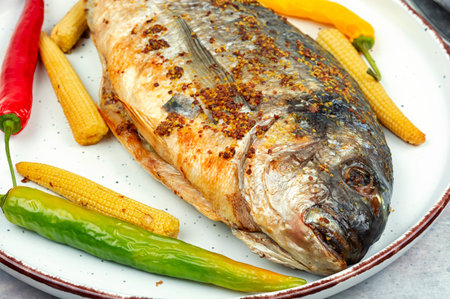 Whole Dorado fish baked in the oven with small corn on a white plate