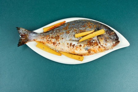 Delicious baked dorado fish with small corn. Delicious grilled fish.