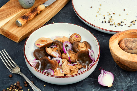 Salted mushrooms in a plate. Fermented healthy food. Homemade pickled mushrooms.の写真素材