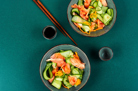 Fresh Asian salad with smoked salmon, fresh cucumber and chopstick. Top view.