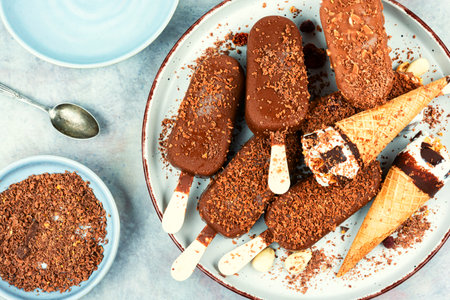 Chocolate ice cream on a stick. Summer dessert. frozen snack concept. Flat lay.