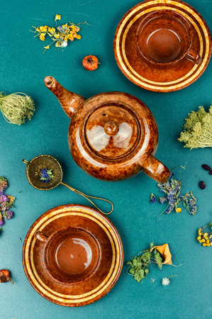 Teapot, cup and medicinal herbs on table. Herbal medicine, tea time.