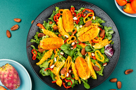 Colorful salad of prickly pear cactus fruits or cactus salad. Israeli cuisine. Top view.の写真素材