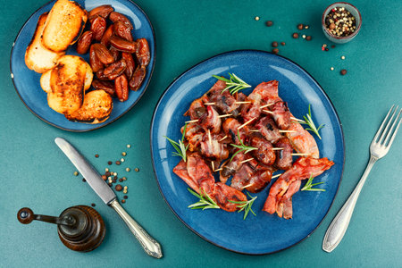 Delicious bacon-wrapped dates, delicacy appetizer. Tasty snack, healthy meal. Top view.の写真素材