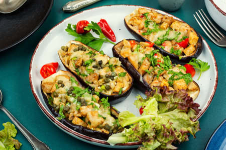 Grilled eggplant stuffed with meat, traditional Turkish dish.の写真素材