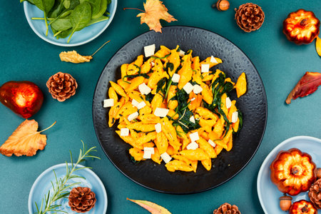 Fresh seasonal, homemade gnocchi with pumpkin. Flat layの写真素材