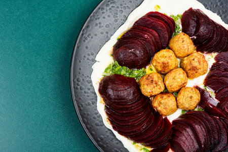 Rainbow salad bowl with falafel, beetroot and sauce. Space for text.の写真素材