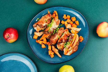 Delicious meatloaves stuffed with apples and sweet potatoes. German cuisine.の写真素材