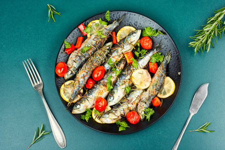 Delicious sardine fish baked with rosemary and lemon. Greece cuisine.の写真素材