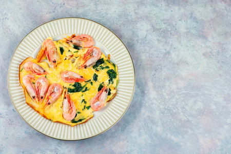 Omelette with shrimp and seafood.Shrimp Omelette. Copy space.の写真素材