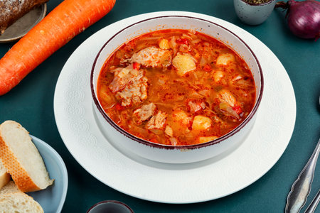 Portion of meat beef soup with tomato, beetroots and meat. Delicious lunch. Nutritious food.