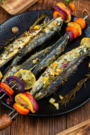 BBQ Sardines and Vegetable Kabobs. Seafood. Traditional Portuguese food.の写真素材
