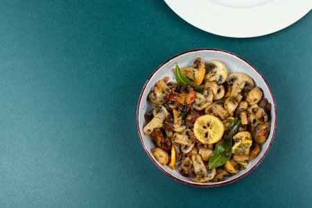 Delicious fried champignon mushrooms with bay leaf, spices and lemon. Copy space.の写真素材
