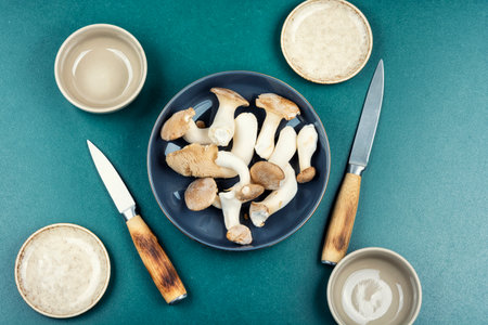 Fresh raw uncooked mushrooms on the kitchen table.の写真素材