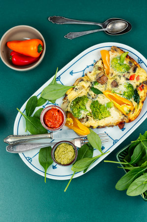 Vegetarian omelet with fried red pepper, fresh spinach and broccoli. Omelet with vegetables and fresh spinach.の写真素材